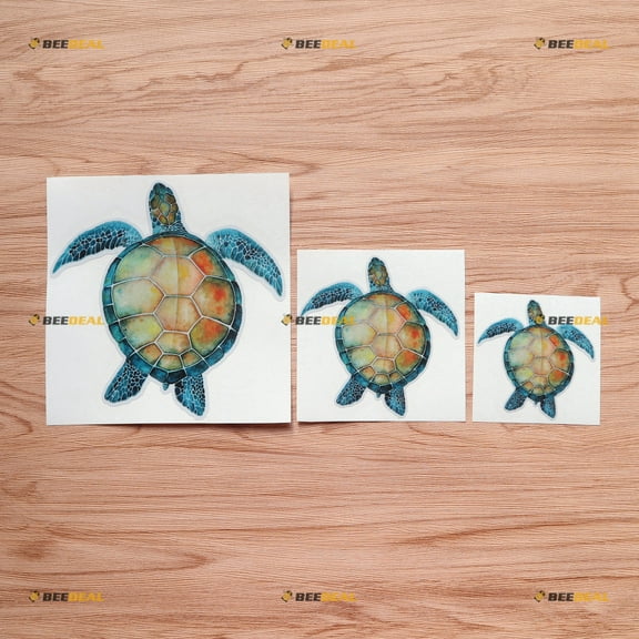 Sea Turtle Hawaii Hawaiian Aloha Vinyl Decal Sticker - 3 Pack Reflective, 3 Inches, 4 Inches, 6 Inches - Graphic Watercolor Stone for Car Laptop Window Phone