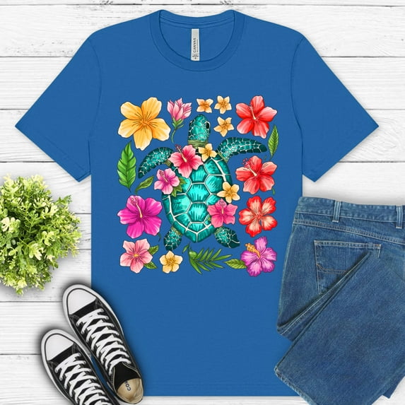 Sea Turtle Hibiscus Flower Shirt | Tropical Floral Summer Graphic Tee , ColumbiaBlue, 2XL