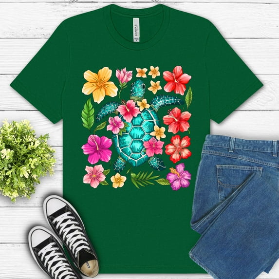 Sea Turtle Hibiscus Flower Shirt | Tropical Floral Summer Graphic Tee , Kelly, 3XL