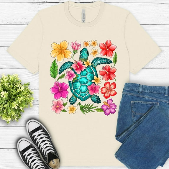 Sea Turtle Hibiscus Flower Shirt | Tropical Floral Summer Graphic Tee , Natural, S