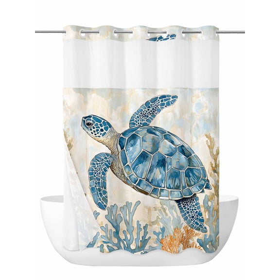 Sea Turtle No Hook Shower Curtain and Liner Set Marine Animal Blue Gradient Shower Curtains with Snap-in Liner & See Through Top Window Hotel Style for Bathroom Decor 48x72 Inch
