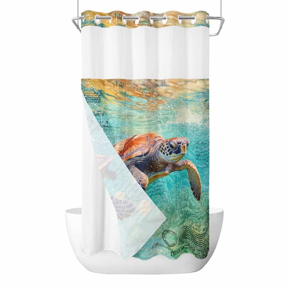 Sea Turtle No Hook Shower Curtain with Snap in Liner, Coastal Nautical Ocean Summer Beach Double-Layer Waterproof Shower Curtains for Bathroom Hotel Bathtub, Mesh Top & Small Stall 36"x72"