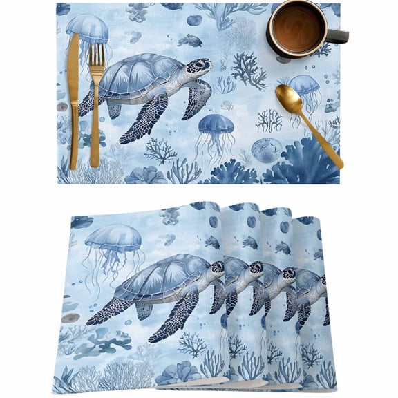 Sea Turtle Jellyfish Blue Ocean Placemats Set of 4,Wipeable Washable Table Mats for Dining Tables,Coral Marine Life Place Mats for Kitchen Event Party Tabletop Decor