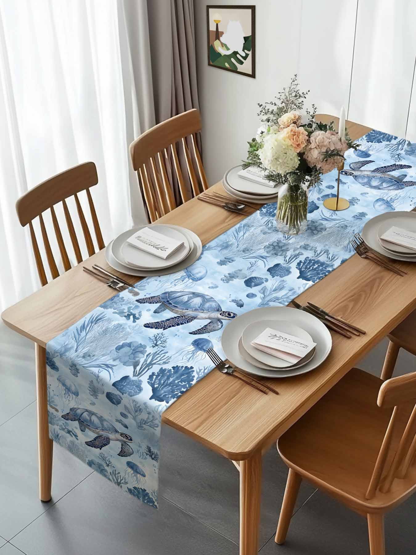 Sea Turtle Jellyfish Blue Ocean Table Runner 90 Inches Long, Coral Marine Life Table Runners Tabletop Scarf Kitchen Dining Tables Decoration for Home Party Indoor Outdoor