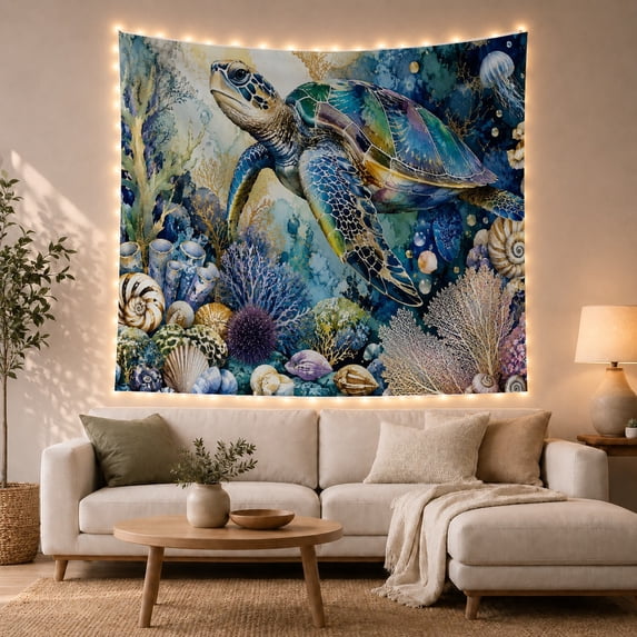 Sea Turtle With Jellyfish and Reef Serene Painterly Style for Ocean Lovers Coastal Wall Decor Housewarming Gift Tapestry Wall Hanging for Bedroom and Living Room