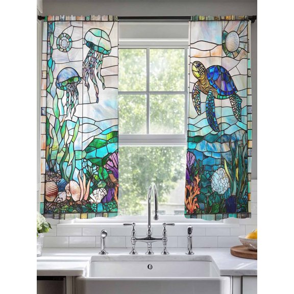 Sea Turtle Jellyfish Summer Ocean Coral Chiffon Sheer Curtains 63 Inches Long, Vintage Window Grilles Art 2 Rod Pocket Window Treatment Voile Drapes Curtains for Living Room Bedroom,2 Panels, 52x63In