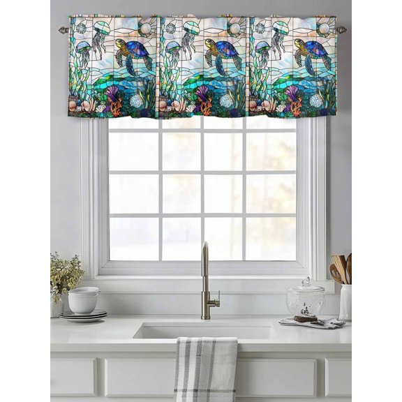 Sea Turtle Jellyfish Summer Ocean Coral Valances for Windows,Kitchen Valance Rod Pocket Short Curtain,Vintage Window Grilles Art Valance Curtain Window Valances for Bedroom Living Room 54"x18"
