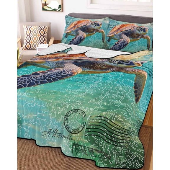 Sea Turtle King Size Down Alternative Comforter, Lightweight Comforter Quilt Bedding Set with Pillow Shams Coastal Nautical Ocean Summer Beach All Seasons Bed Comforter Duvet Insert 96"x106"
