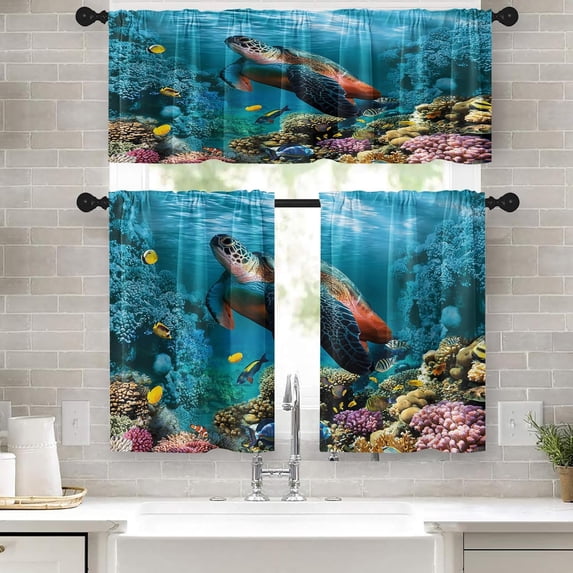 Sea Turtle Kitchen Curtains Underwater World Window Curtains Valance and Tier Set 36 Inch, Ocean Animal Fish Rod Pocket Short Tier Curtain, Summer Small Curtains for Kitchen Decor