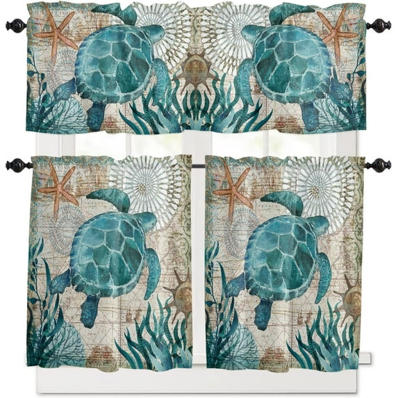 Sea Turtle Kitchen Curtains and Valance Set, Hawaiian Ocean Animal Teal Small Short Half Tier Curtains 36 Inch Length Kitchen Decor for Cafe Bathroom Nursery Bedroom