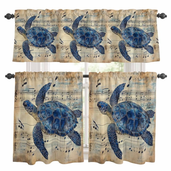Sea Turtle Kitchen Curtains Valance and Tier Set Vintage Retro Navy Blue Turtle Sheet Music Texture Rod Pocket Short Curtains for Small Window 3 Pieces Set for Bedroom (54" x 18"+27" x 24")