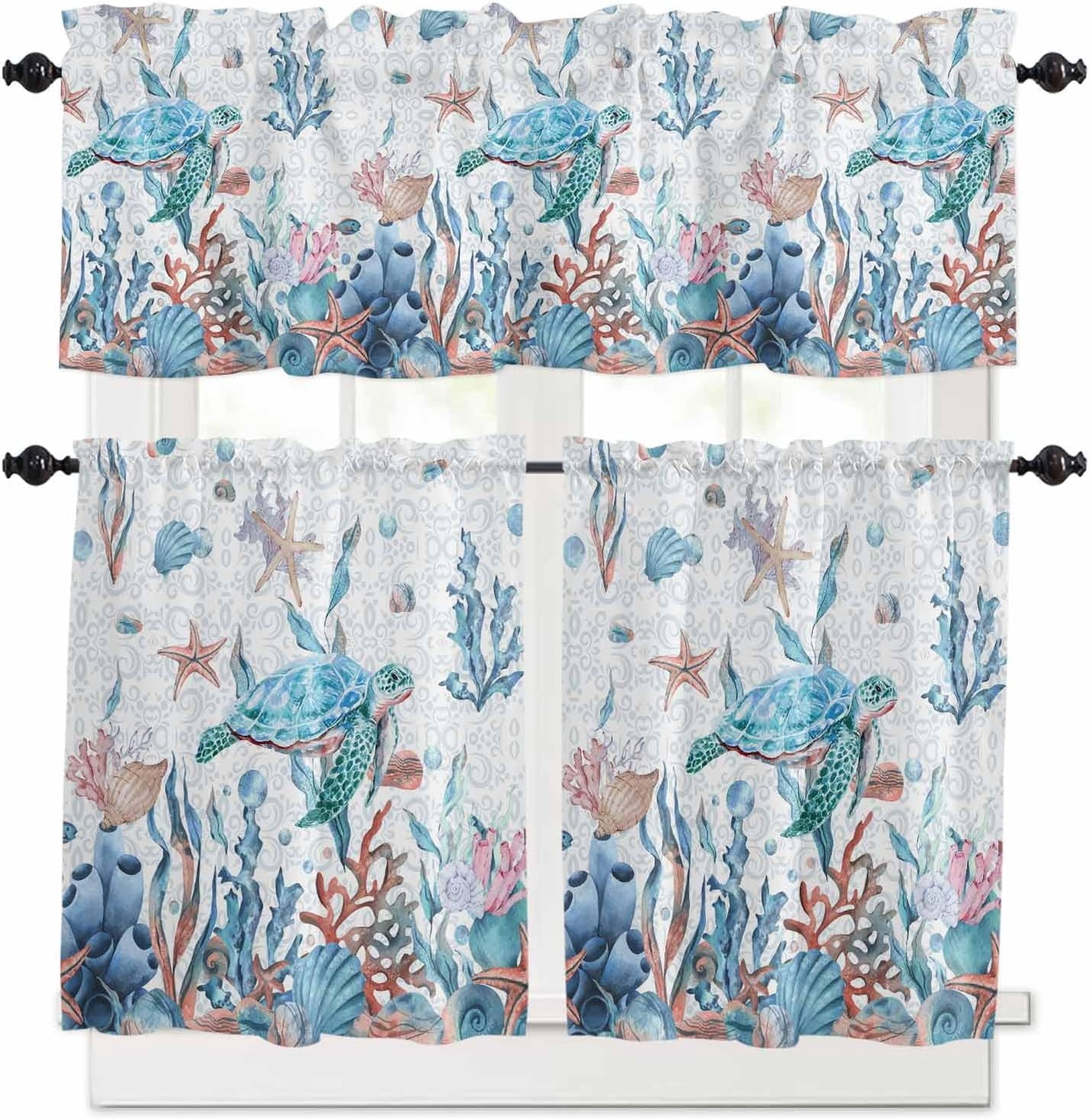Sea Turtle Kitchen Curtains and Valances Set, Rod Pocket Curtains Tier ...