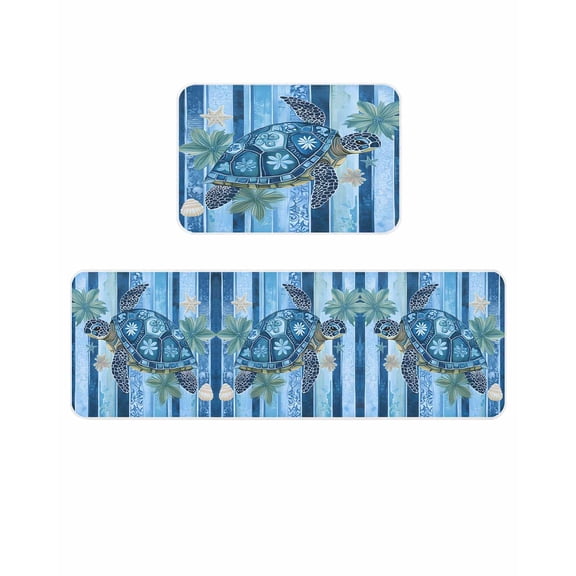 Sea Turtle Kitchen Mats for Floor 2 Piece, Floral Leaf Retro Blue Stripes Absorbent Non-Slip Kitchen Rugs Comfort Standing Mat for Laundry, Hallways 20"x24"+20"x48"