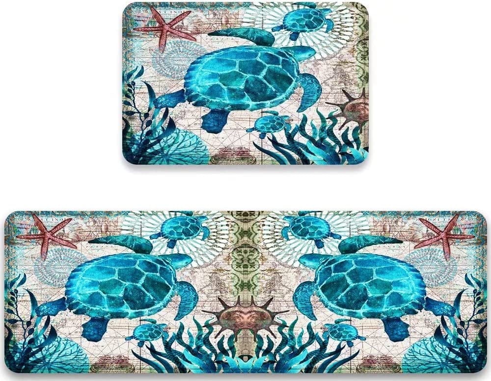 Sea Turtle Kitchen Rug Set 2 Pieces Blue Turtles Beach Ocean Life Teal Marine Animal Nautical Map Comfort Floor Mat 17.7inch X 47.2inch + 17.5inch X 29.5inch