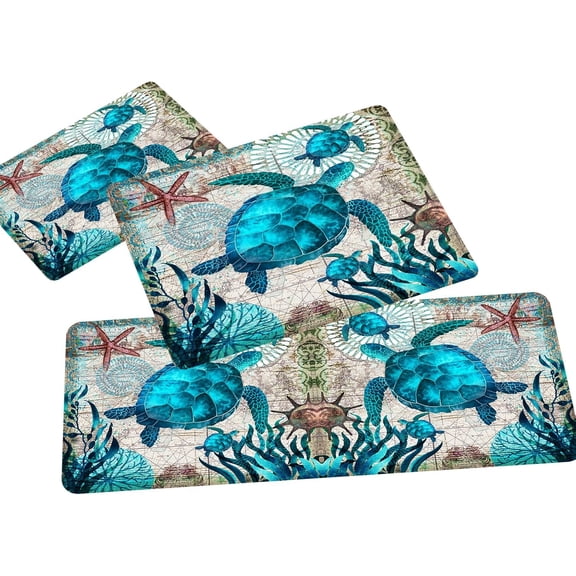 Sea Turtle Kitchen Rug Sets of 3,Anti Fatigue Cushioned Rugs and Mats Coastal Bathroom Runner Blue Turtles Beach Ocean Teal Marine Animal Nautical Floor Mat Non-Slip Washable Chef Sink