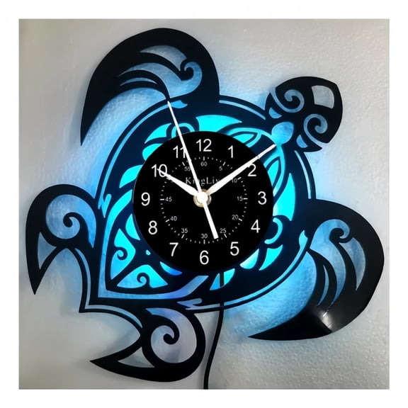 Sea Turtle LED Wall Clock, Ocean Turtle Vinyl Record Clock with Color Changing Backlight, Silent Non-Ticking Coastal Wall Decor for Beach House, Bedroom & Marine Life Lovers