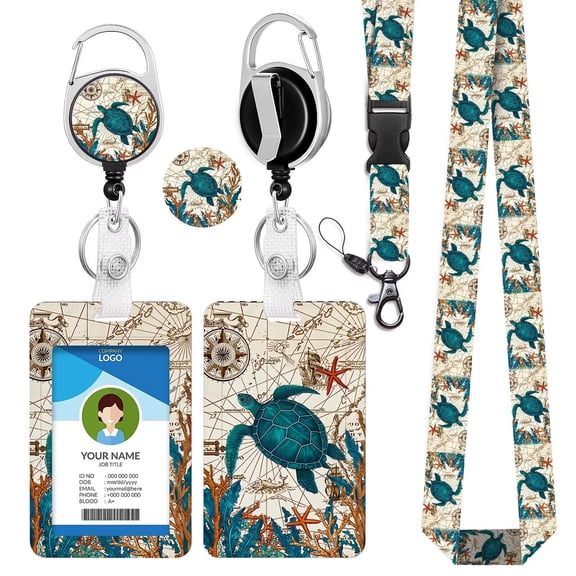 Sea Turtle Lanyards for Id Badges, Vintage Badge Holder with Lanyard Retractable Reel Clip, Cute Retractable Keychain Card Name Tag Lanyard Vertical ID Card Protector Case for Women  Nurse