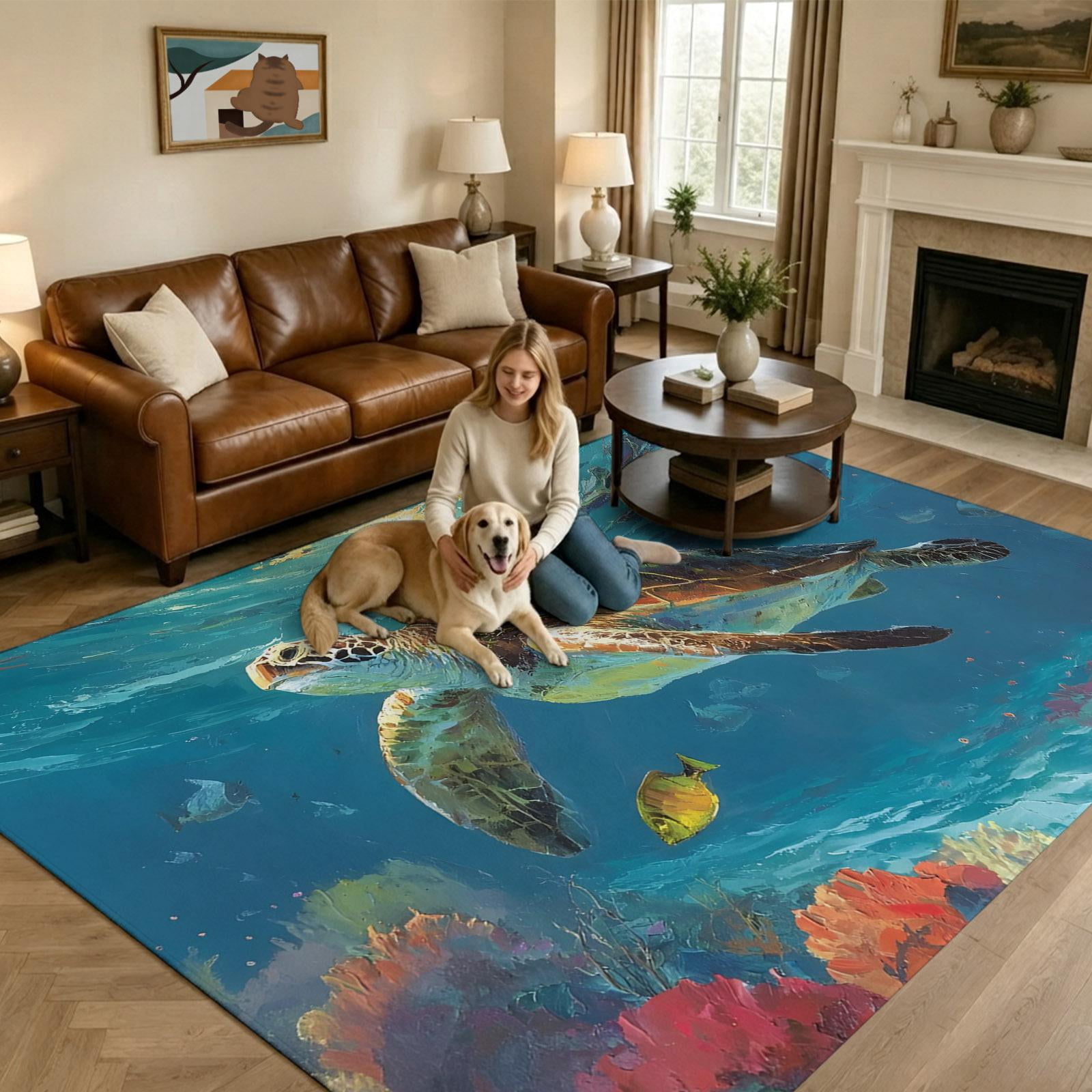 Turtle Outside Rugs Sea Turtle Large Area Rugs 8x10ft Art Abstract Coastal Marine Life Reef ...