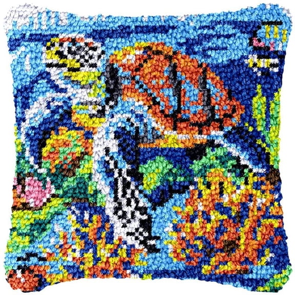 Sea Turtle Latch Hook Pillow Cover Kits for DIY Handmade Throw Pillow Cross Stitch Latch Hook Pillowcase Rug Kits with Preprinted Color Pattern Canvas Crochet Yarn Kits 17''X 17''(bs131)