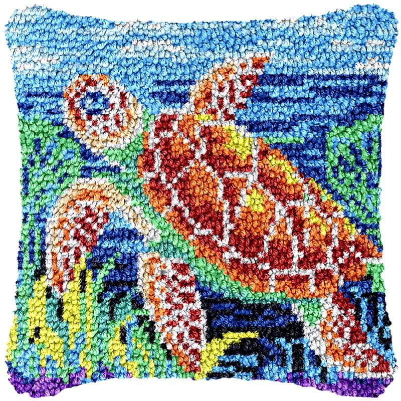 Sea Turtle Latch Hook Pillow Cover Kits for DIY Handmade Throw Pillow Cross Stitch Latch Hook Pillowcase Rug Kits with Preprinted Color Pattern Canvas Crochet Yarn Kits 17''X 17''(fv151)
