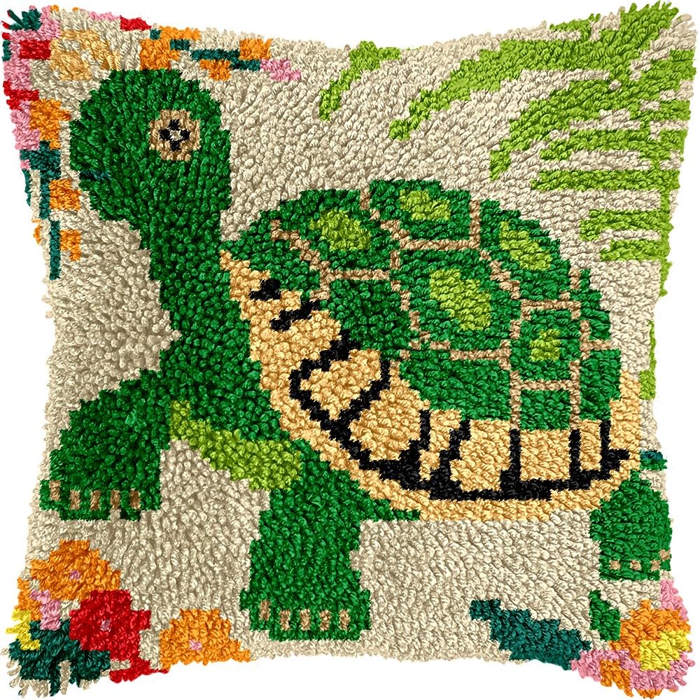 Sea Turtle Latch Hook Pillow Cover Kits for DIY Handmade Throw Pillow Cross Stitch Latch Hooking Pillowcase Kits with Preprinted Color Pattern Canvas Crochet Yarn Kits 17''X 17''(8-198)