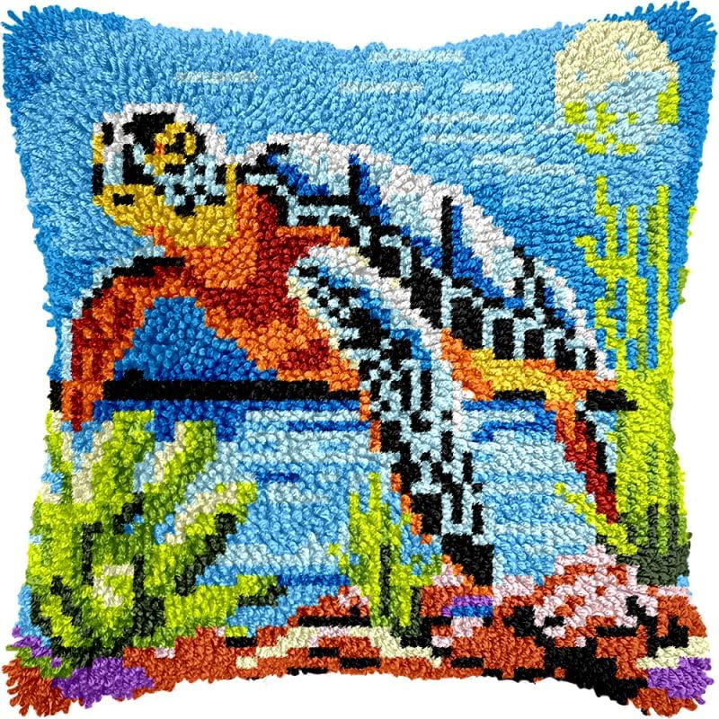 Sea Turtle Latch Hook Pillow Kits Cushion Pillowcase with Pattern Printed Canvas Sofa Hooking Pillows Crafts Embroidery Latch Hooking Crochet Kits 17x17 inch(71)