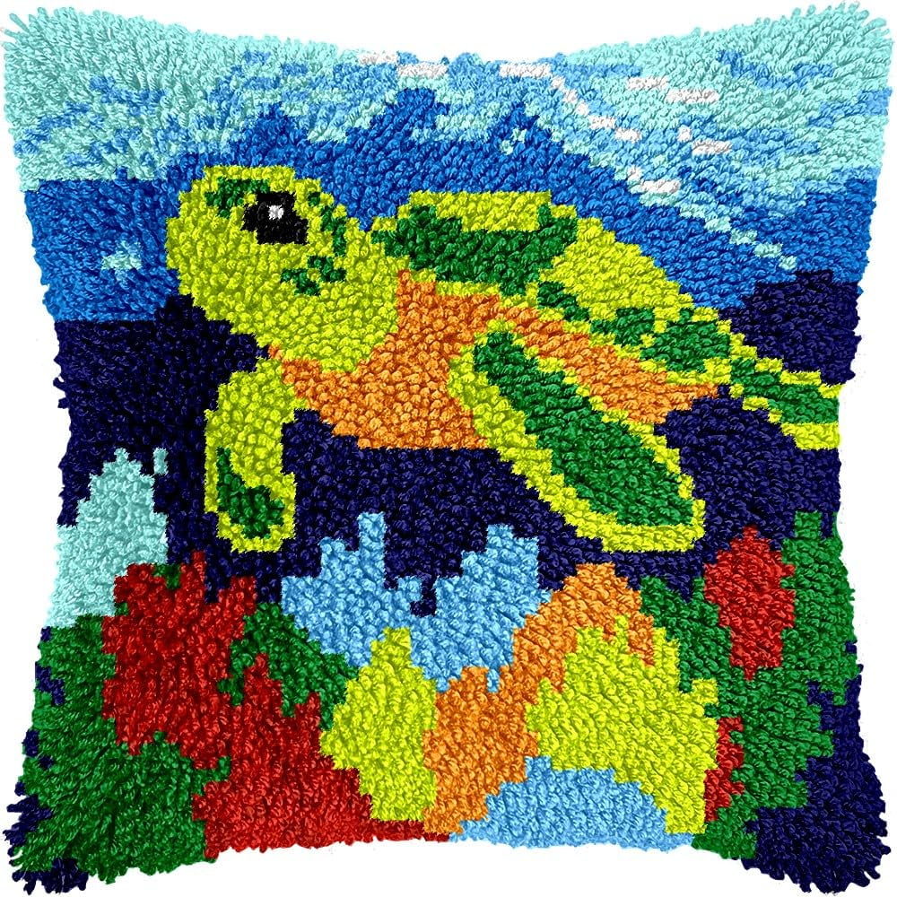 Sea Turtle Latch Hook Pillow Kits for DIY Throw Pillow Cushion Embroidery Latch Hooking Pillowcase Kits with Preprinted Canvas Crochet Yarn Kits for Home Decor 17''X 17''(C72)
