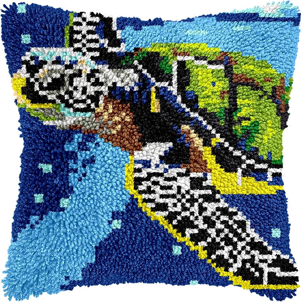 Sea Turtle Latch Hook Pillow Kits for DIY Throw Pillow Cushion Embroidery Latch Hooking Pillowcase Kits with Preprinted Canvas Crochet Yarn Kits for Home Decor 17''X 17''(d274)