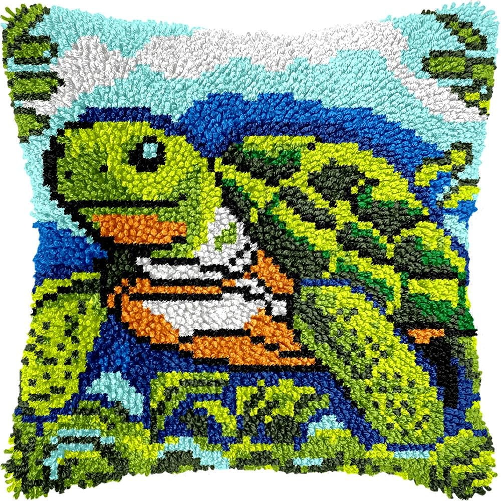 Sea Turtle Latch Hook Pillow Kits for DIY Throw Pillow Cushion Embroidery Latch Hooking Pillowcase Kits with Preprinted Canvas Crochet Yarn Kits for Home Decor 17''X 17''(C33)