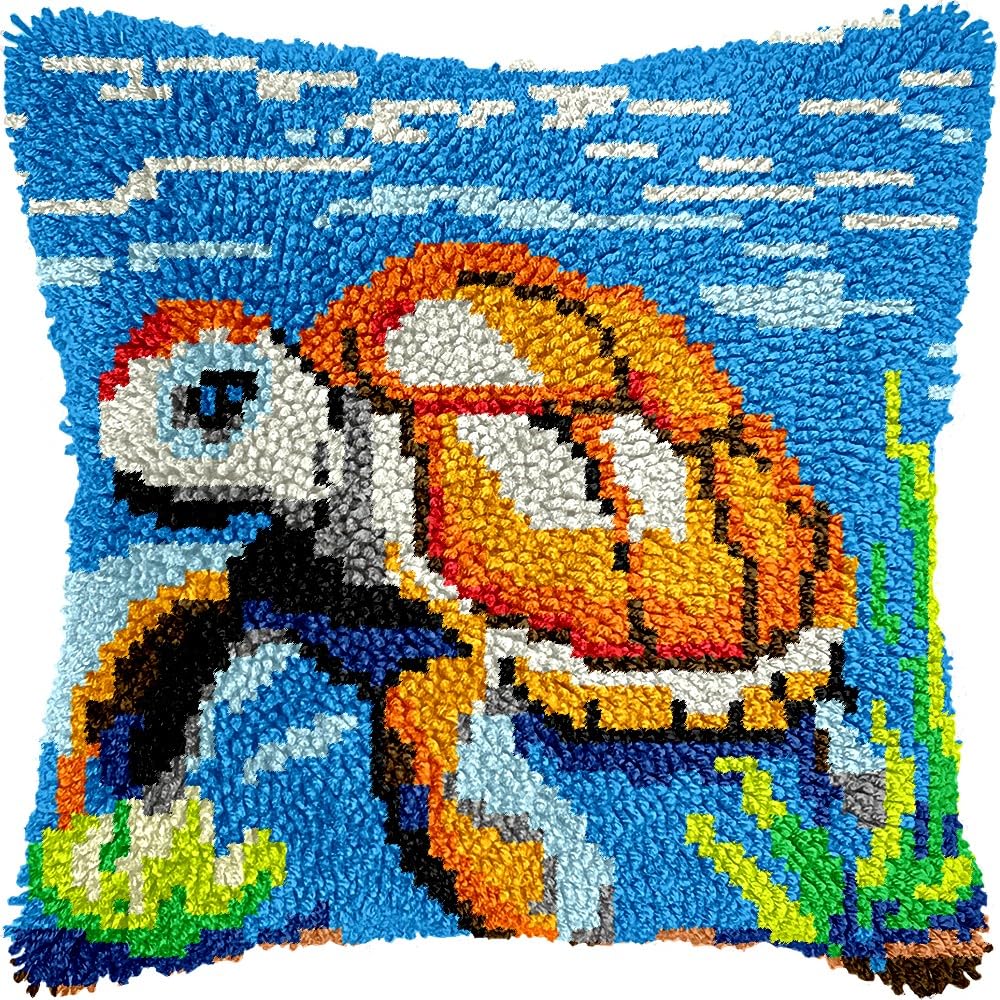 Sea Turtle Latch Hook Pillow Kits for DIY Throw Pillow Cushion Embroidery Latch Hooking Pillowcase Kits with Preprinted Canvas Crochet Yarn Kits for Home Decor 17''X 17''(d156)