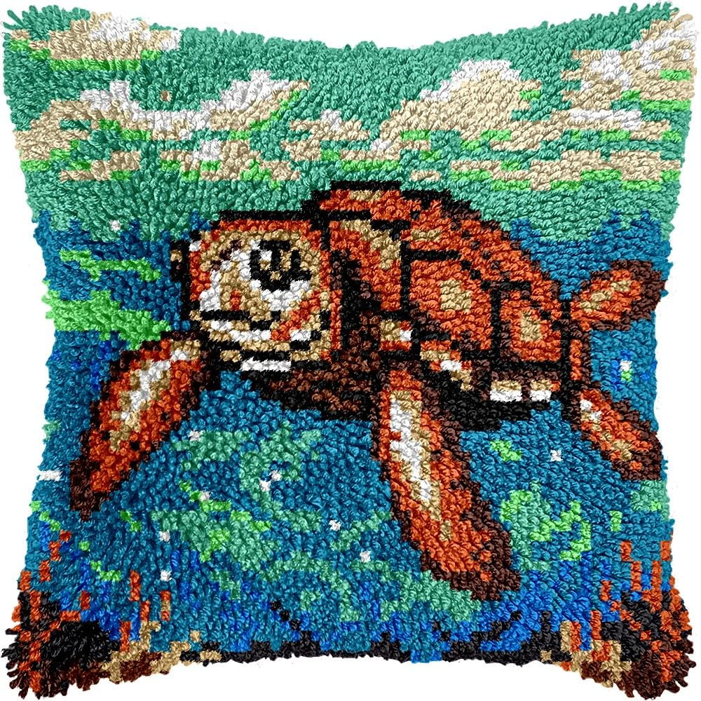 Sea Turtle Latch Hook Pillow Kits Pillow Cover Latch Hook Crafts Crochet Knitted Hooking Pillowcase Cushion Crafts Embroidery Latch Hooking Kits Material Set 17x17 inch(62)