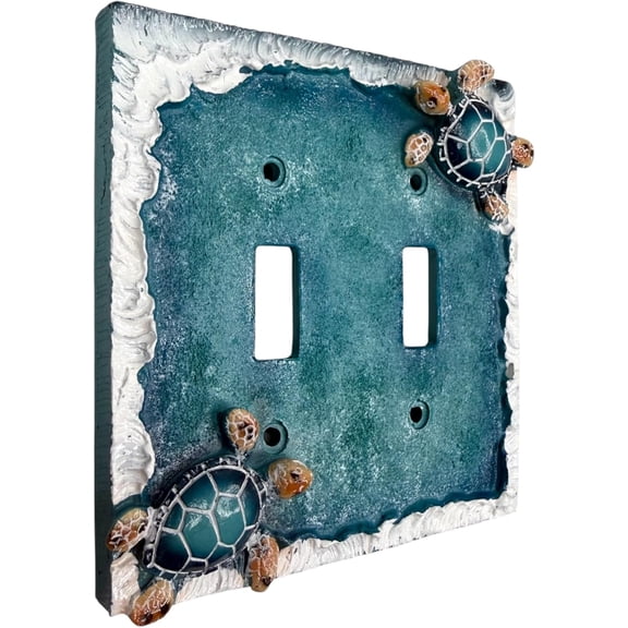 Sea Turtle Light Switch and Outlet Cover Electrical Plates Hand-Painted Resin Wall Decor for Beach, Coastal & Nautical Styles Ocean Waves Design - Mounting Screws Included (Double Toggle Switch)
