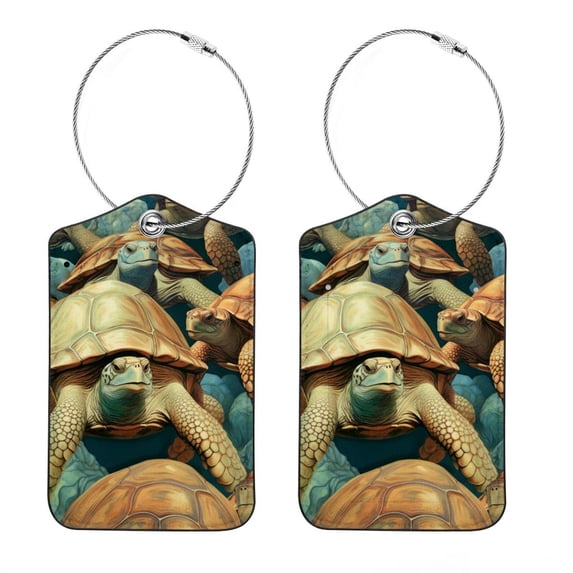 Sea Turtle Luggage Tag, Travel Tags, Handbag Tag - Square PU Leather 2 Pack with Privacy Cover and Stainless Steel Ring - Suitable for Travel, Backpack, Handbag [Amazon Approved]
