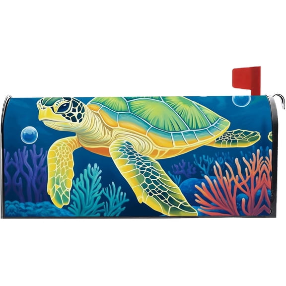 Sea Turtle Mailbox Cover Blue Mailbox Covers Summer Ocean Theme Pattern Standard Size 21 x 18 Inch Waterproof Polyester Letter Box Decoration for Garden Yard Home Buckle Design Non Magnetic