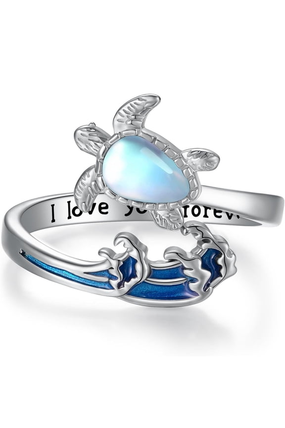 Sea Turtle/Manta Ray Stingray Ring 925 Sterling Silver Sea Animal Ocean Wave Open Adjustable Rings I Love You Forever Jewelry Gifts for Women