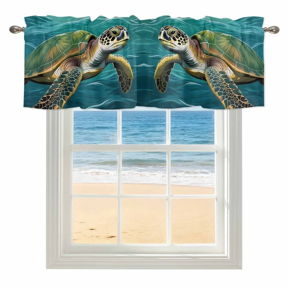 Sea Turtle Marine Life Window Valance for Kitchen, Teal Blue Ocean Seawater Rod Pocket Short Curtain for Small Windows, Light Filtering Decorative Valance, 54 x 18 Inch, 1 Panel