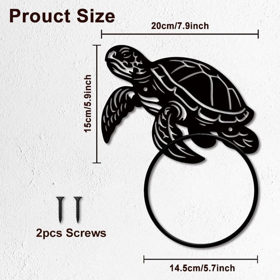 Sea Turtle Metal Towel Ring Summer Hand Towel Holder Ocean Animal Towel Rack Wall Mounted Bath Towel Ring Black Art Towel Holder for Kitchen Home Hanging Gifts Decoration