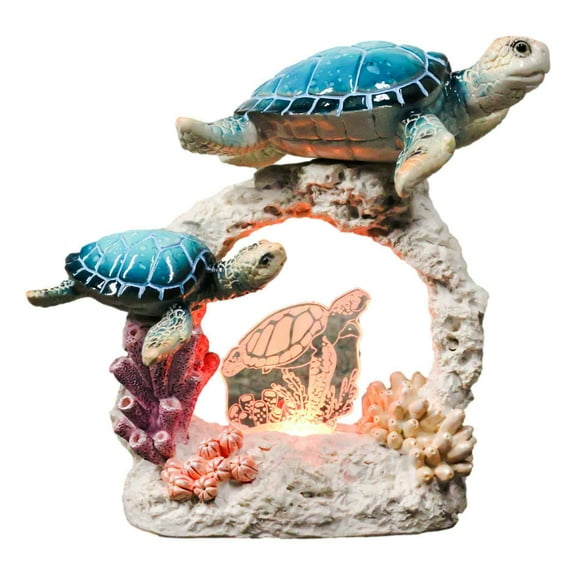 Sea Turtle Mother And Hatchling Family By Coral Reef With 3D LED Light Figurine