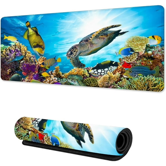 Sea Turtle Mouse Pad Large,Tropical Coral Reef Fish Desk Pad with Stitched Edges for Home Office Work Non-Slip Rubber Base Gaming Mouse Pad, Desk Mat, 31.5 x 15.7 in