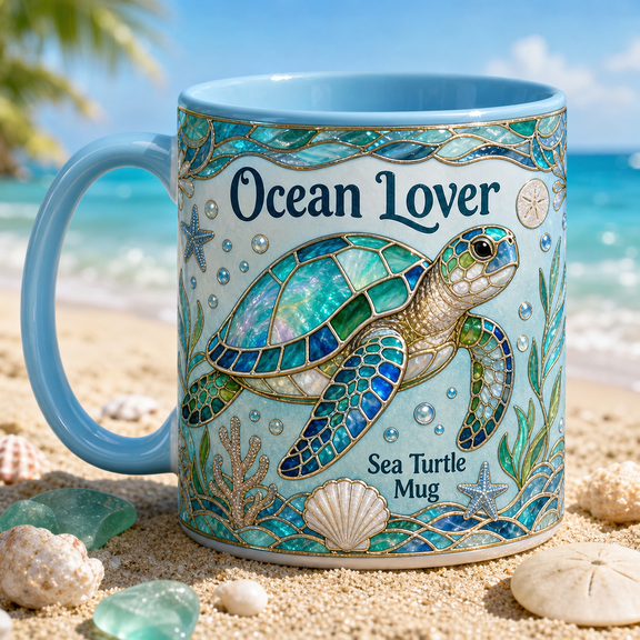 Sea Turtle Mug, 2D Flat Ceramic Mug Ocean Lover Gift with Coastal Beach Turtle Design