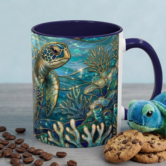 Sea Turtle Mug, Faux Stained Glass Ocean Coffee Cup, Celestial Marine Life Gift, Coastal Turtle Lover Present, Deep Blue Underwater Art