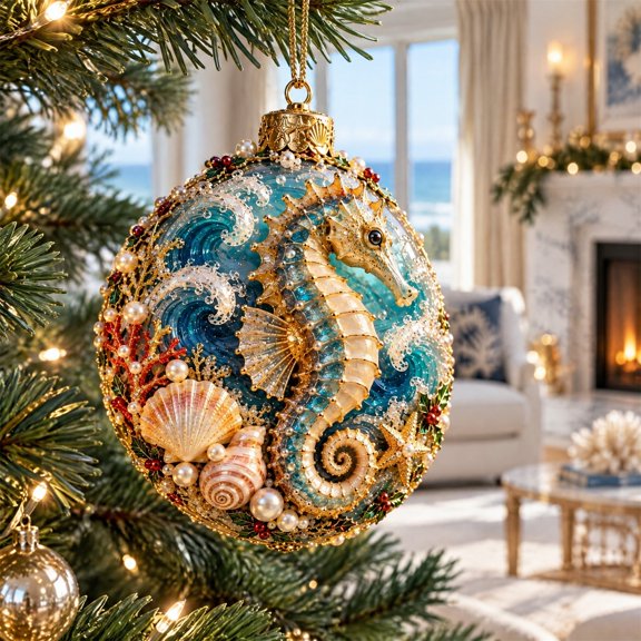 Sea Turtle Nautical 2D Flat Christmas Ornament Set,Detailed Ocean Printed Round Acrylic Pendant,Tree Window Wall Hanging Decor For Coastal Holiday Home And Beach Lover Christmas Gift
