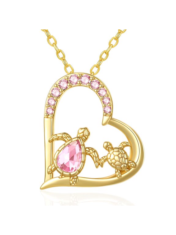 Sea Turtle Birthstone Heart Pendant Necklace for Women