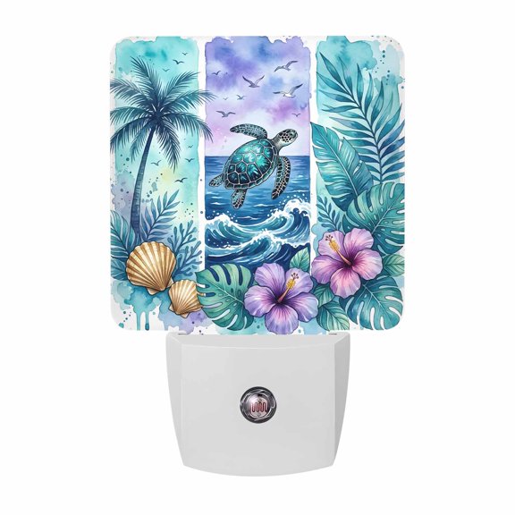 Sea Turtle Night Lights, Nautical Tropical Ocean Beach Green Tree Leaf Flower Shell Smart Auto Dusk to Dawn Sensor Nightlights Plug-in Nightlight for Bedroom Bathroom Living Room Kitchen Hallway