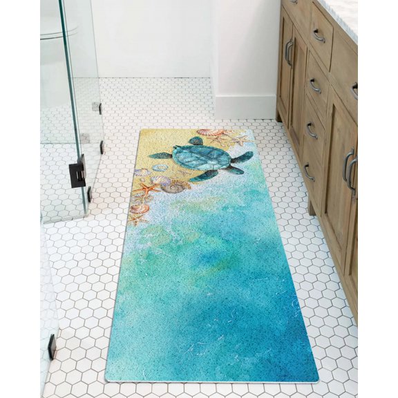 Sea Turtle Non-Slip Bathtub Mat, Summer Turquoise Ocean Watercolor Shell Conch PVC Bath Mat for Tub Quick Drying Shower Mats for Inside Shower, Foot Scrubber Loofah Bathroom Mats 47x16 Inches