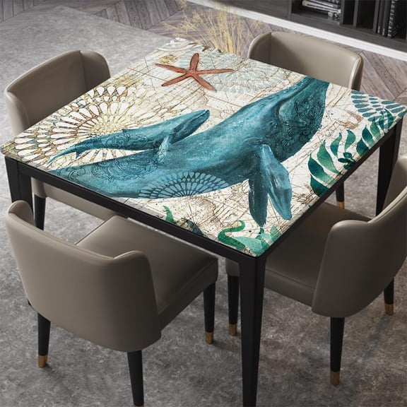 Sea Turtle Ocean Animal Square Fitted Tablecloth with Elastic Edge Fit Square Table, Waterproof Washable Table Cover for Dining Kitchen Party Indoor Outdoor Patio, Fitted for 34"x34" Table, Sea Type4