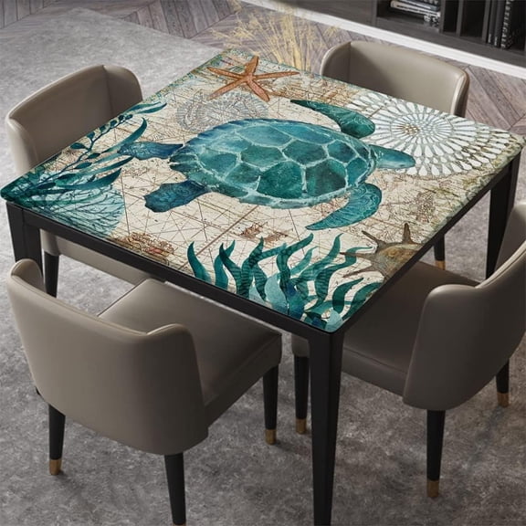 Sea Turtle Ocean Animal Square Fitted Tablecloth, Table Cover Waterproof Polyester Washable for Indoor Outdoor Party & Banquet Dinner, Fits Square Table for 32"x32" Table