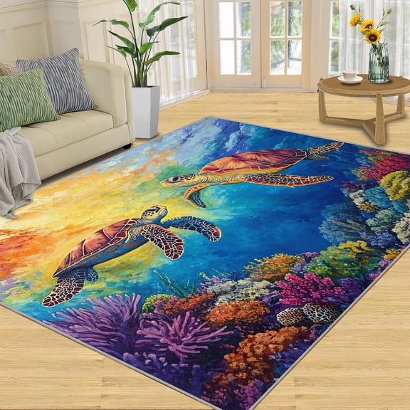 Sea Turtle Ocean Area Rug, Coral Marine Washable Rug, Soft Non Slip Low Pile Carpet for Living Room Bedroom Home Decor 2x3ft