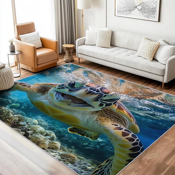 Sea Turtle Ocean Area Rug, Hawaii Marine Animal Pattern Carpet, Washable Non Slip Low Pile Soft Thin, Living Room Bedroom Study Office Entrance Home Decor Mat 2x3ft(Small)