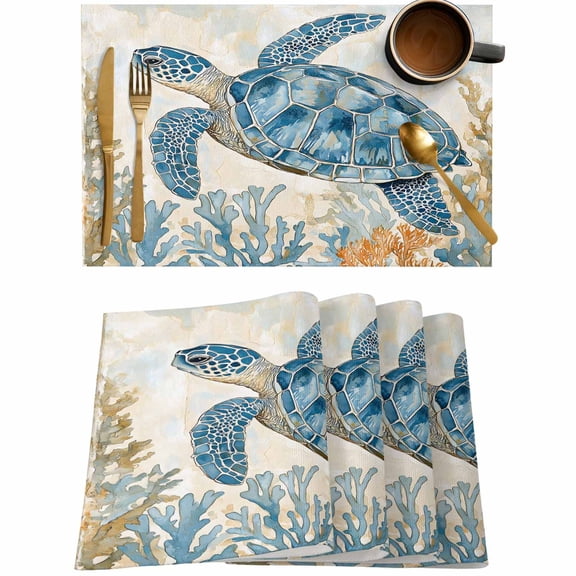Sea Turtle Ocean Coral Placemats Set of 4,Wipeable Washable Table Mats for Dining Tables,Underwater World Marine Animal Place Mats for Kitchen Event Party Tabletop Decor